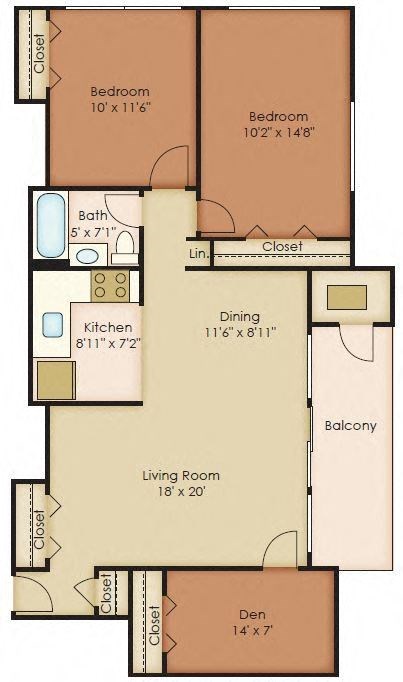 Floor plan for 3 beds, 1 bath, 973 sqft